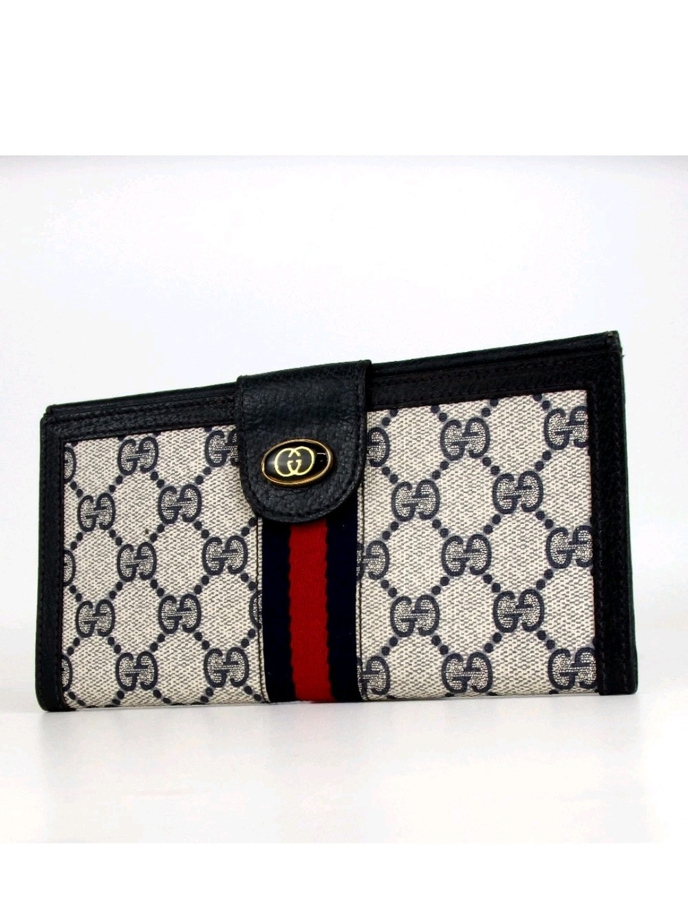 Gucci Beige & Navy GG Canvas Continental Wallet with Red Stripe